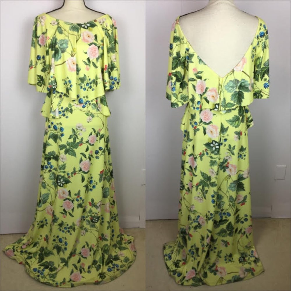 Asos Maxi Dress Size 6 Womans Yellow Floral Print Ruffle Sleeve Back V-Neck - Picture 2 of 13